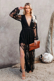 Long Dress Women Nemia – White Bohemian Lace Dress with Deep V-neck & High Slit