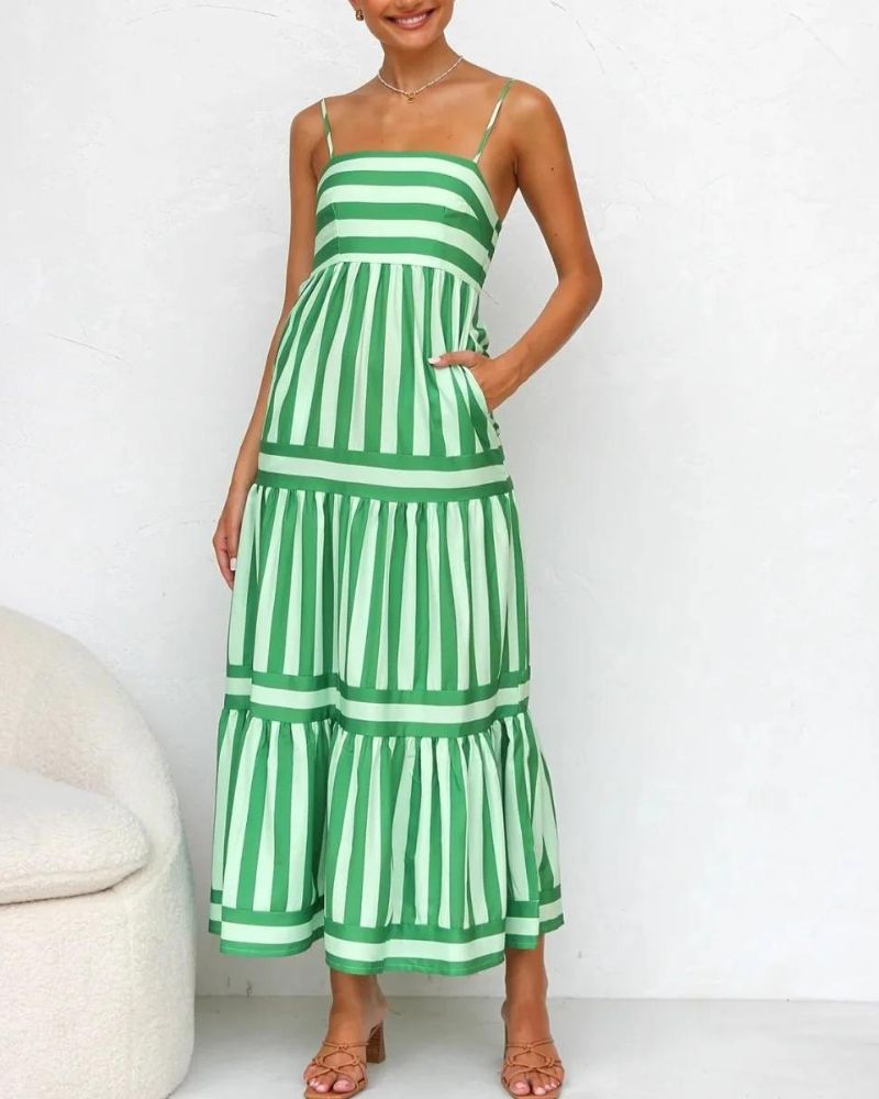 Summer Dress Women Viera – Striped Dress with Adjustable Straps, Pockets & Tiered Skirt