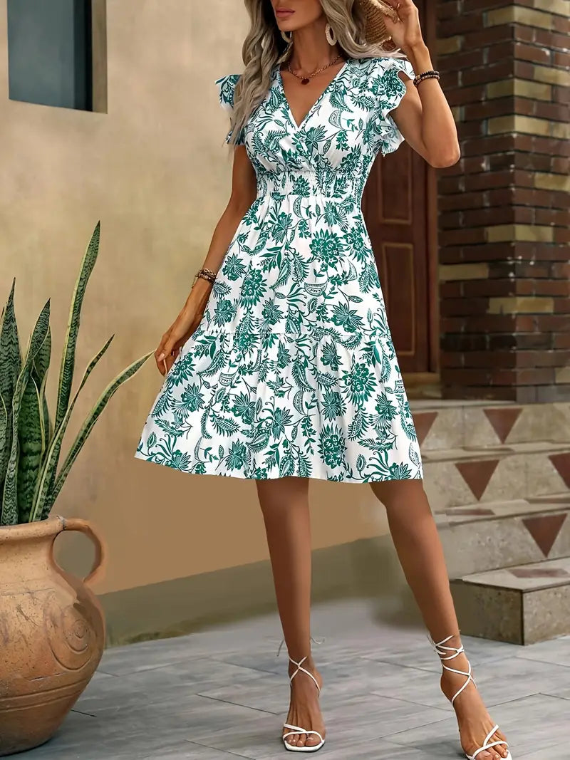 Summer Dress Women Lauren – Elegant V-Neck Dress with Ruffles & Gathered Waist for Holidays