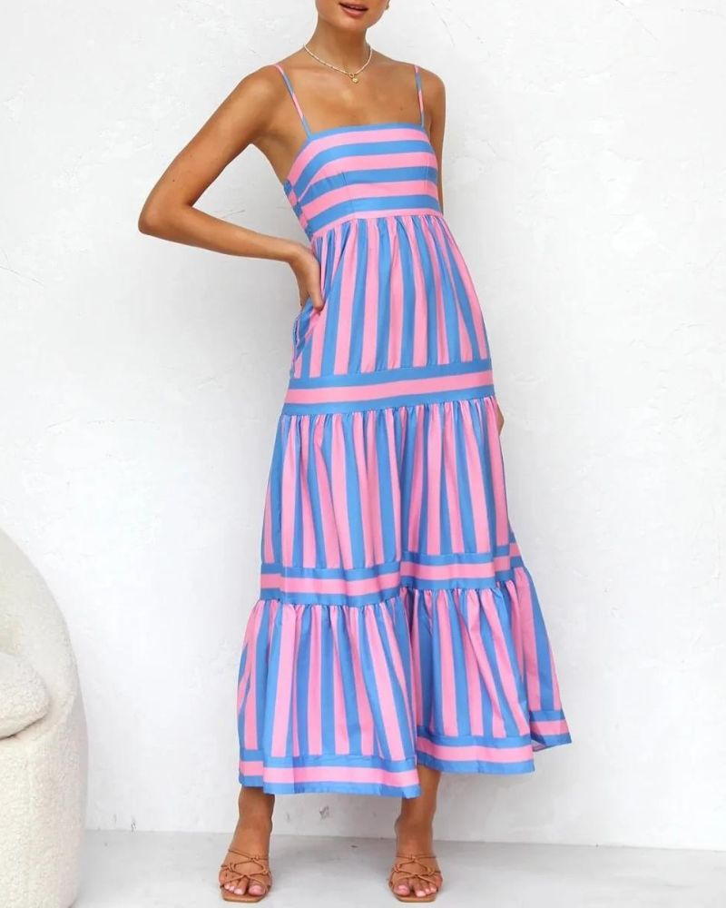 Summer Dress Women Viera – Striped Dress with Adjustable Straps, Pockets & Tiered Skirt