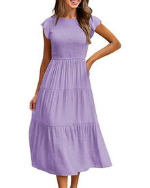 Greta Midi Dress for Women – Round Neck, Ruffled Sleeves & Elastic Waist A-Line Summer