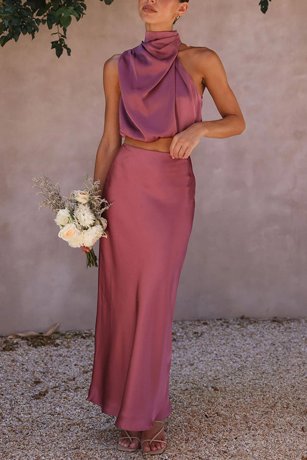 Annie Satin Set Woman – Elegant 2 Pieces Set with Long Sleeve Top & High Waist Flowing Pants