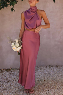 Annie Satin Set Woman – Elegant 2 Pieces Set with Long Sleeve Top & High Waist Flowing Pants