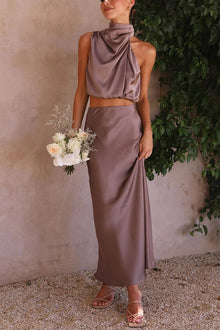 Annie Satin Set Woman – Elegant 2 Pieces Set with Long Sleeve Top & High Waist Flowing Pants
