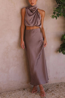 Annie Satin Set Woman – Elegant 2 Pieces Set with Long Sleeve Top & High Waist Flowing Pants