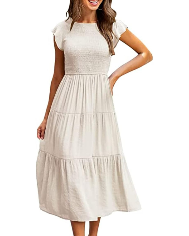 Greta Midi Dress for Women – Round Neck, Ruffled Sleeves & Elastic Waist A-Line Summer