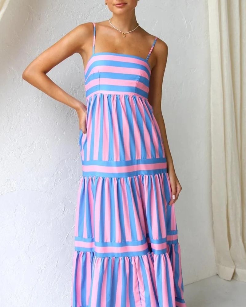 Summer Dress Women Viera – Striped Dress with Adjustable Straps, Pockets & Tiered Skirt