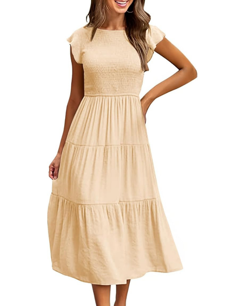 Greta Midi Dress for Women – Round Neck, Ruffled Sleeves & Elastic Waist A-Line Summer
