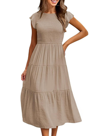 Greta Midi Dress for Women – Round Neck, Ruffled Sleeves & Elastic Waist A-Line Summer