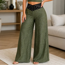 Vélane – High-Waisted Wide-Leg Pants with Cross-Strap V-Waist