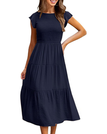 Greta Midi Dress for Women – Round Neck, Ruffled Sleeves & Elastic Waist A-Line Summer