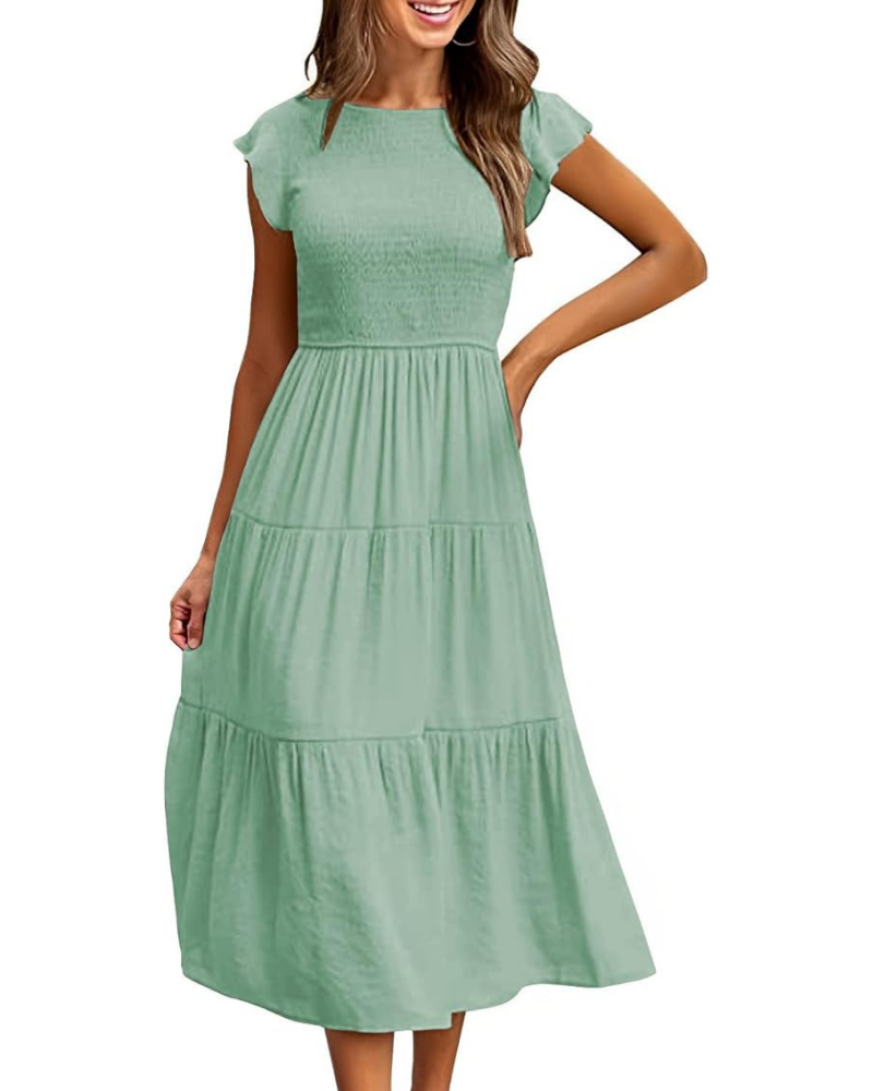 Greta Midi Dress for Women – Round Neck, Ruffled Sleeves & Elastic Waist A-Line Summer