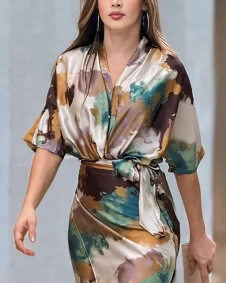 Olga Satin Dress for Women – Tie-Dye Wrap Dress with Mid-Length Sleeves & Elegant Look