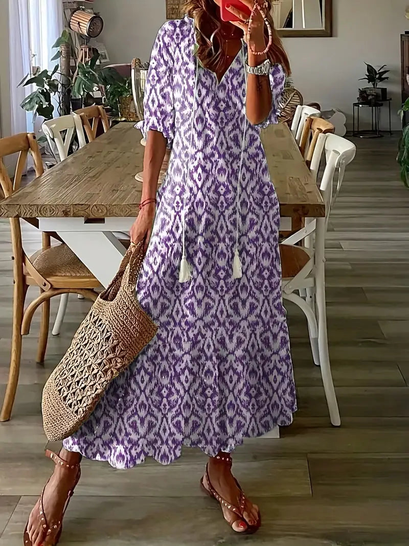 Bohemian Dress Woman Charm – Elegant Summer Dress with Ruffles with V Neck & Ikat Pattern