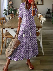 Bohemian Dress Woman Charm – Elegant Summer Dress with Ruffles with V Neck & Ikat Pattern