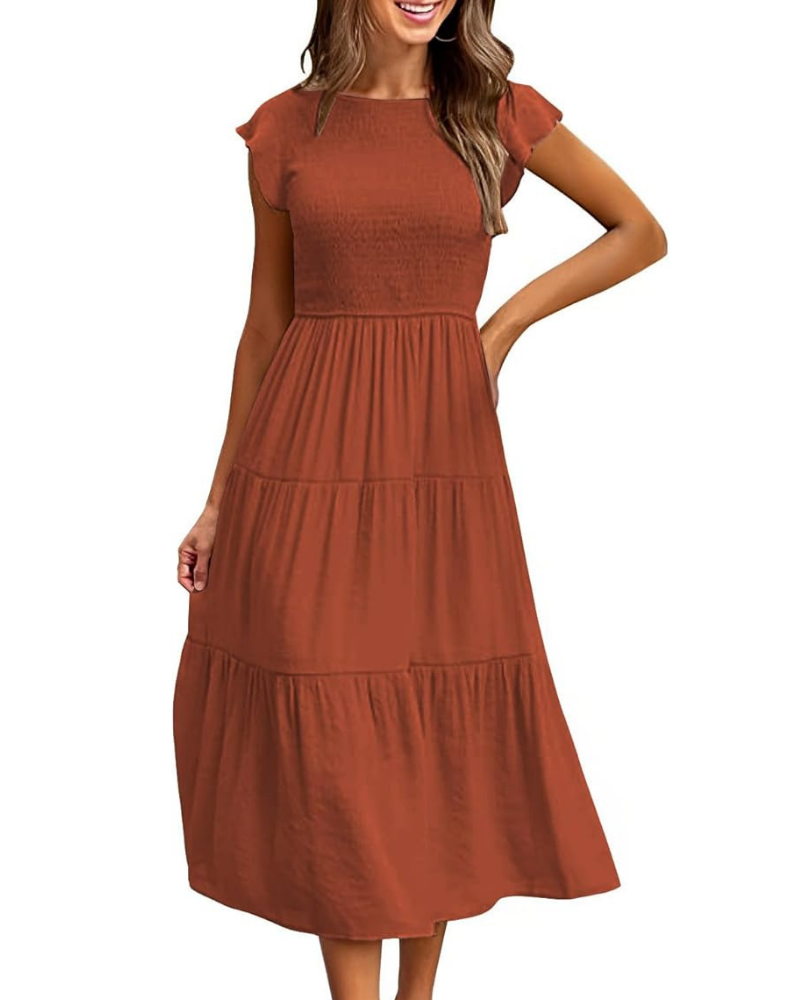 Greta Midi Dress for Women – Round Neck, Ruffled Sleeves & Elastic Waist A-Line Summer