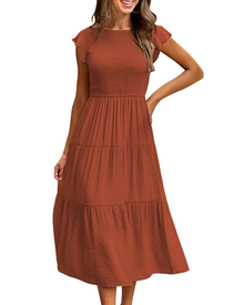 Greta Midi Dress for Women – Round Neck, Ruffled Sleeves & Elastic Waist A-Line Summer