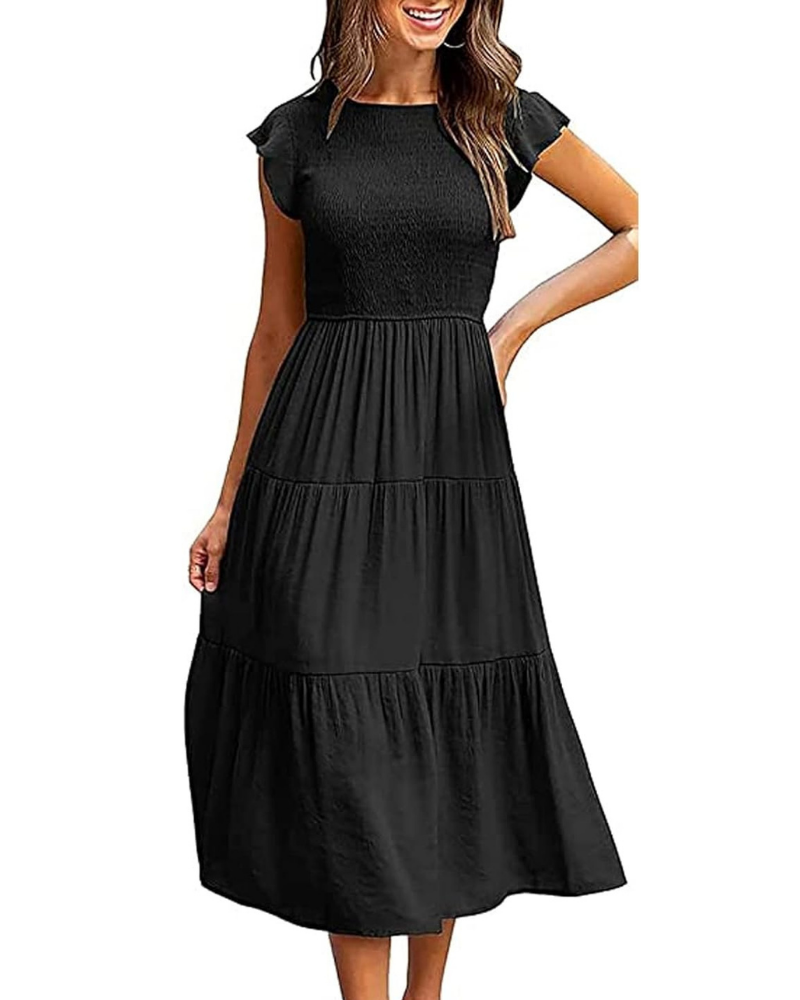 Greta Midi Dress for Women – Round Neck, Ruffled Sleeves & Elastic Waist A-Line Summer