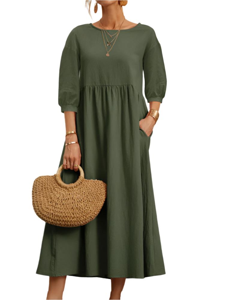 Flore Midi Dress Women – Breathable Cotton Linen, Round Neck, Lantern Sleeves, Summer Comfort