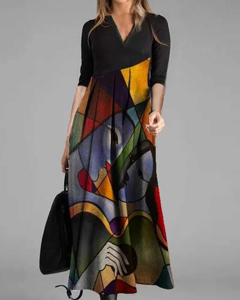 Robe Femme Nina – Elegant Flared Dress with Long Sleeves with Color Block Pattern & Refined Pleats