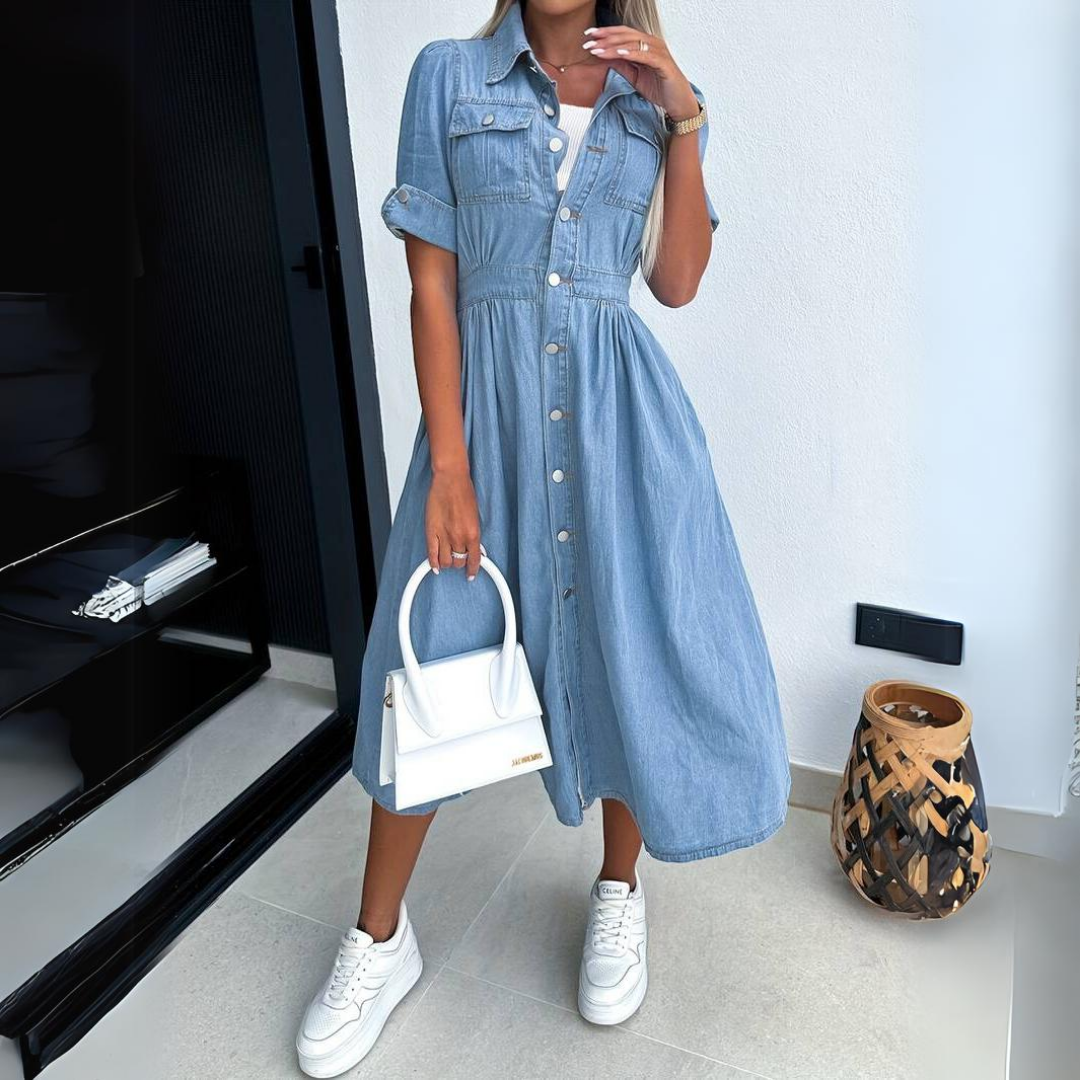 Eloise Jean Dress Women – Blue Cotton Shirt Dress Light with Fitted Cut
