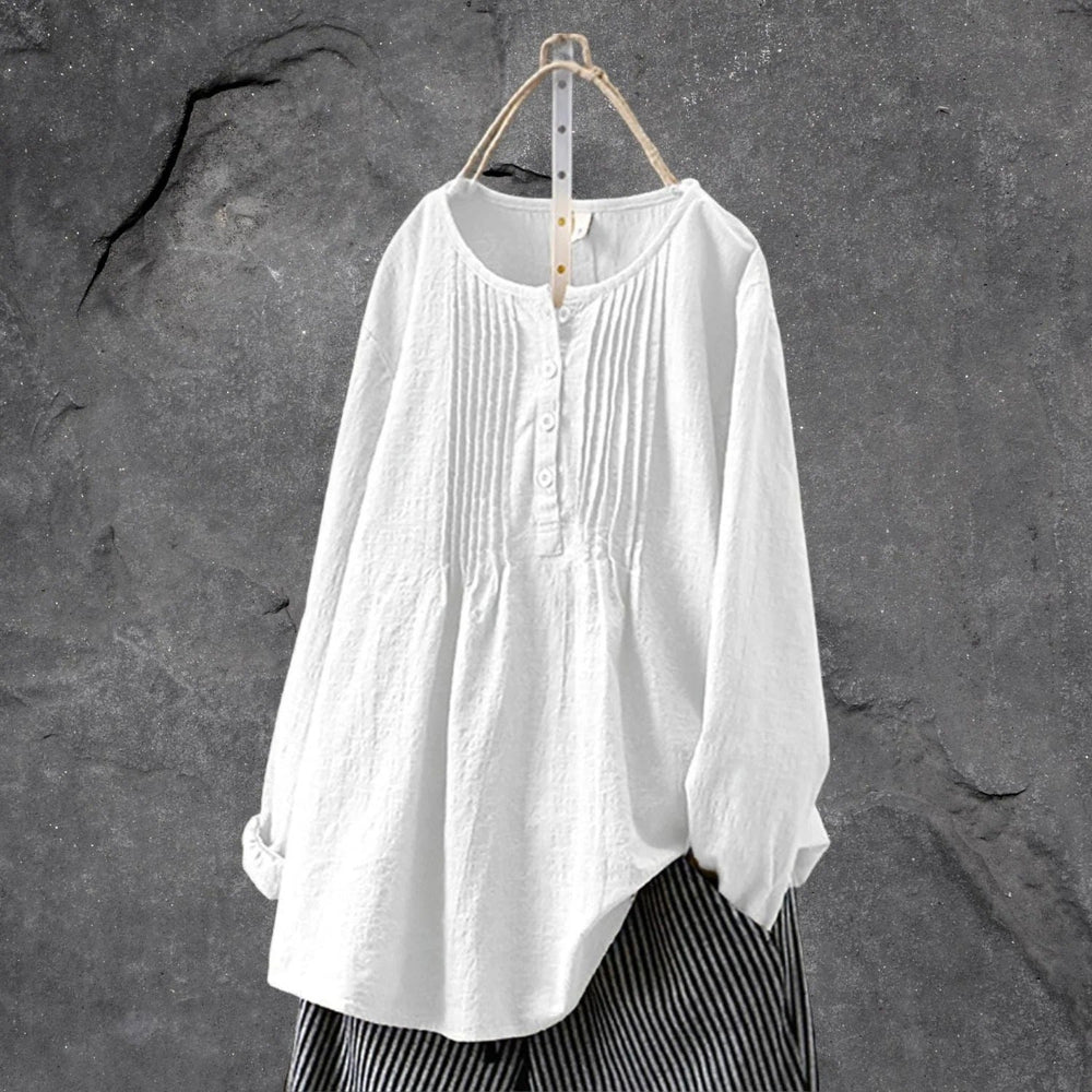 Allen Blouse Femme – Lightweight Blouse with Long or 3/4 Sleeves, Front Buttons & Structured Pleats Summer
