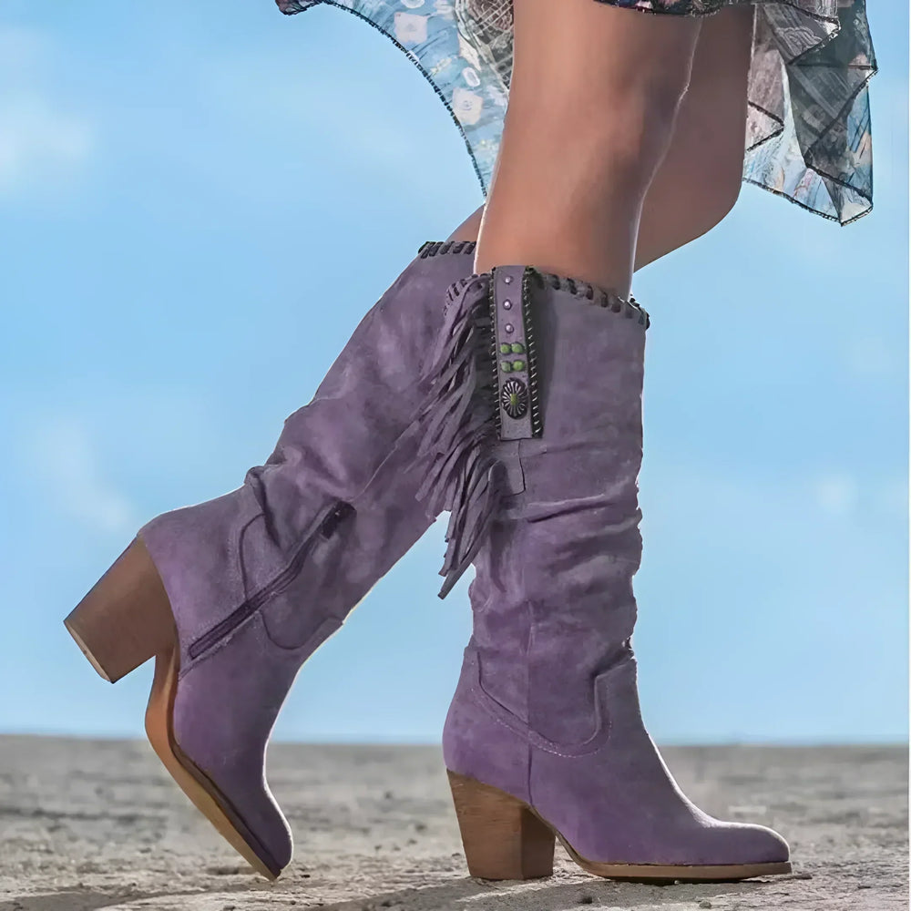 Nathalie Boots Woman – Genuine Leather Cowboy Boots with Fringes & Thick Heel