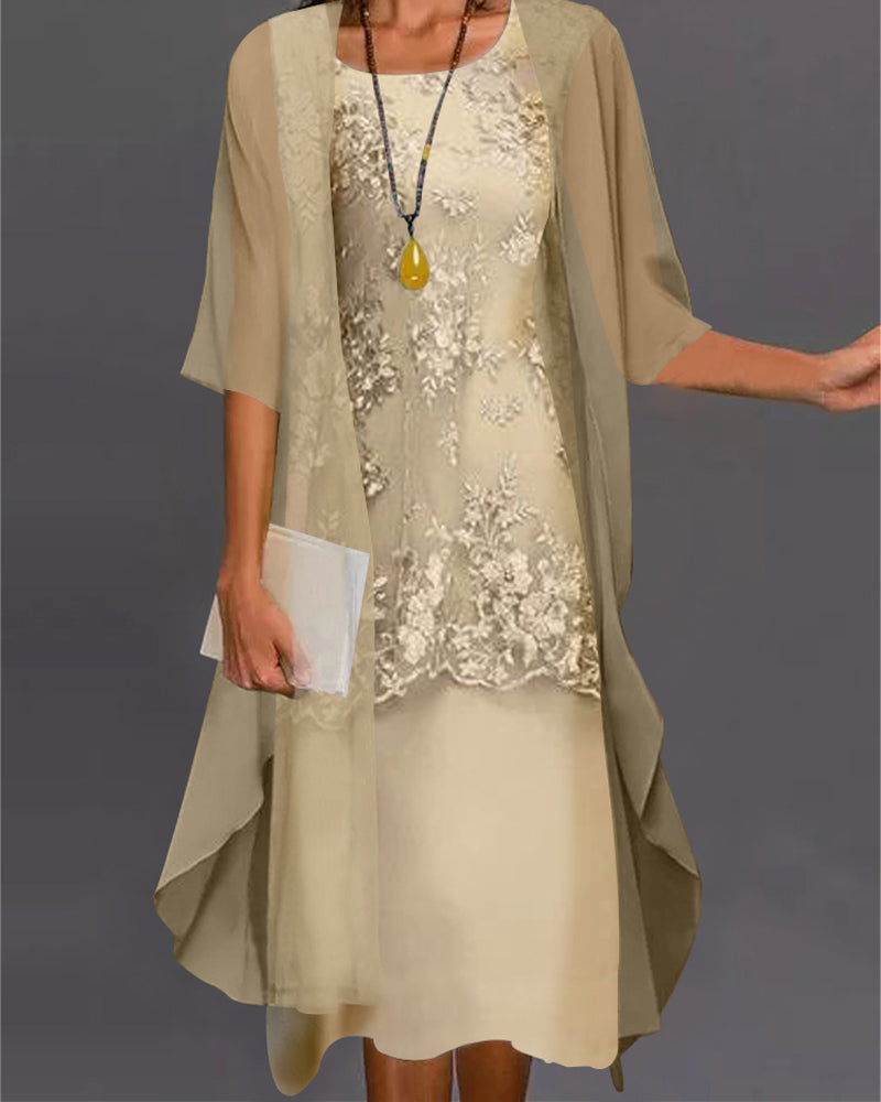 Ensemble Dress Woman Rishta – Elegant Two-Piece Dress in Chiffon with Lace, Patchwork & 3/4 Sleeves