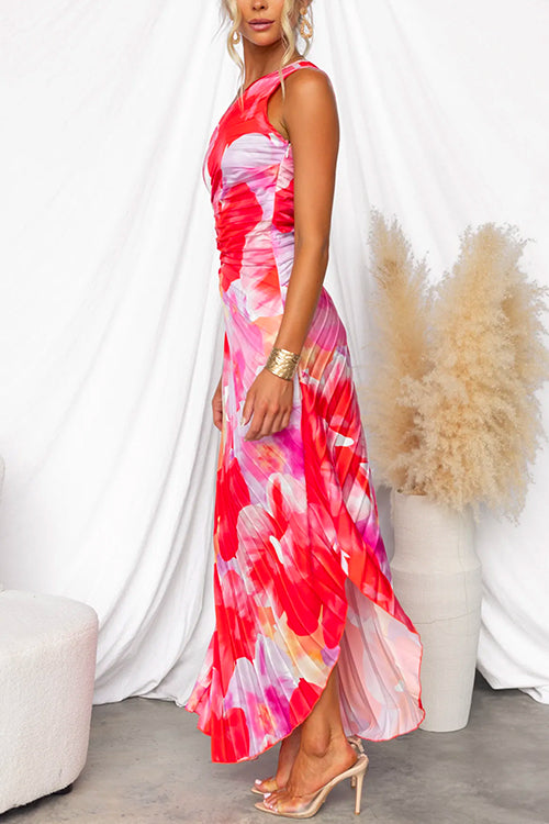 Ximena Asymmetric Dress Woman – Pleated Summer Dress with Floral Print & Joyful Colors