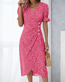 Quincy Summer Dress Women – Floral Dress with Short Sleeves and Elegant Button Closure