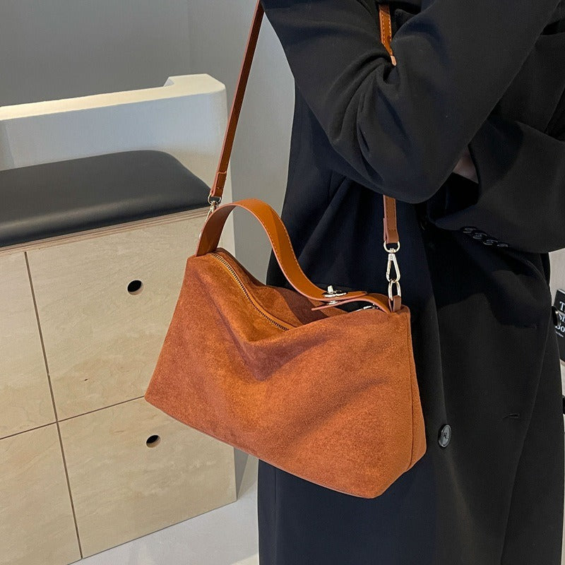 Maëlle Shoulder Bag Woman – Elegant Suede Bag with Faux Leather Handle & Large Compartment