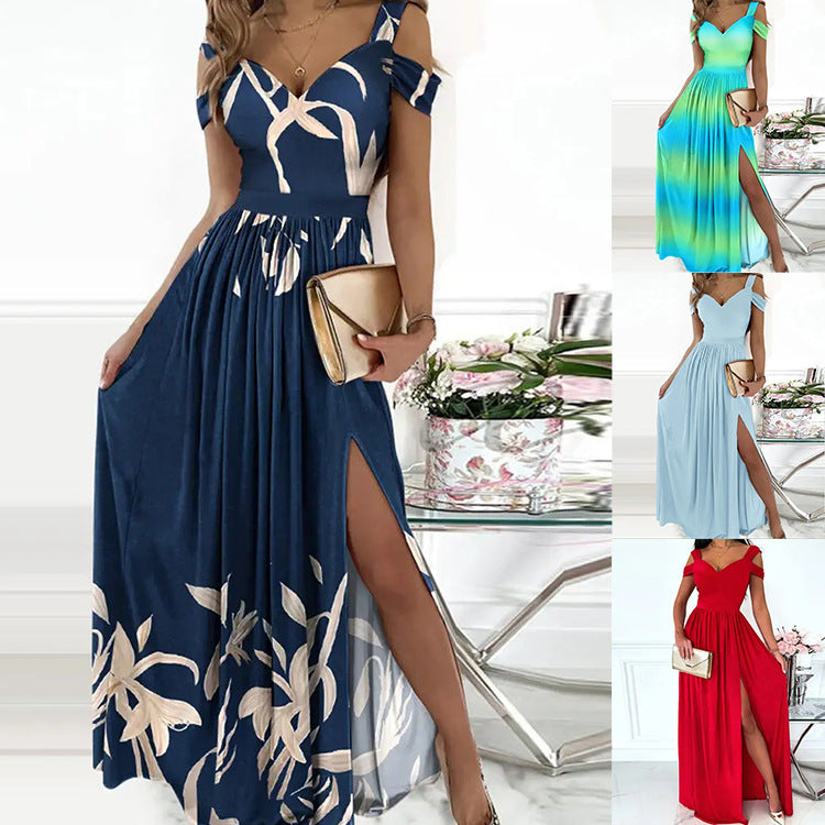 Antonella Elegant Long Dress Woman – Off-Shoulder Dress with Floral Pattern & Chic Slit