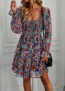 Aria Robe Midi Woman – Floral Dress with Ruffles, U Neckline & Summer Fitted Cut