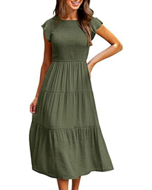 Greta Midi Dress for Women – Round Neck, Ruffled Sleeves & Elastic Waist A-Line Summer