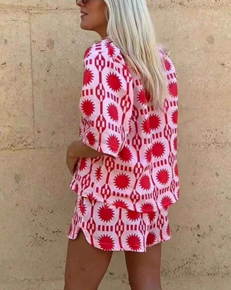 Ensemble Femme Giselle – Two-Piece Summer Set in Linen with Geometric Print & Comfortable Cut