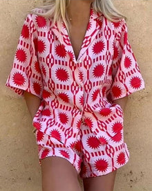 Ensemble Femme Giselle – Two-Piece Summer Set in Linen with Geometric Print & Comfortable Cut