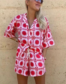 Ensemble Femme Giselle – Two-Piece Summer Set in Linen with Geometric Print & Comfortable Cut