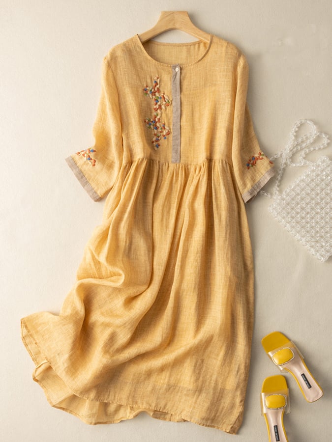 Zara Women's Dress – Embroidered Dress in Cotton and Linen with Ethnic Design & Comfortable Fit