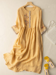 Zara Women's Dress – Embroidered Dress in Cotton and Linen with Ethnic Design & Comfortable Fit