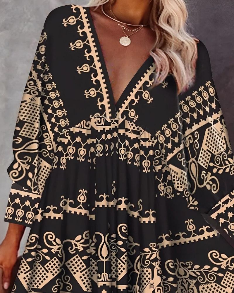 Summer Dress Women Ava – Lightweight Mini Dress with V-Neck, 3/4 Sleeves & Bohemian Printed Detail
