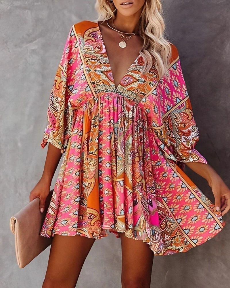 Summer Dress Women Ava – Lightweight Mini Dress with V-Neck, 3/4 Sleeves & Bohemian Printed Detail