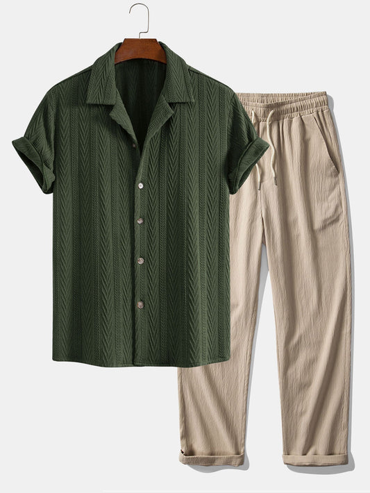 Textured Jacquard Cuban Shirt & Crinkle-Texture Straight-Leg Trousers