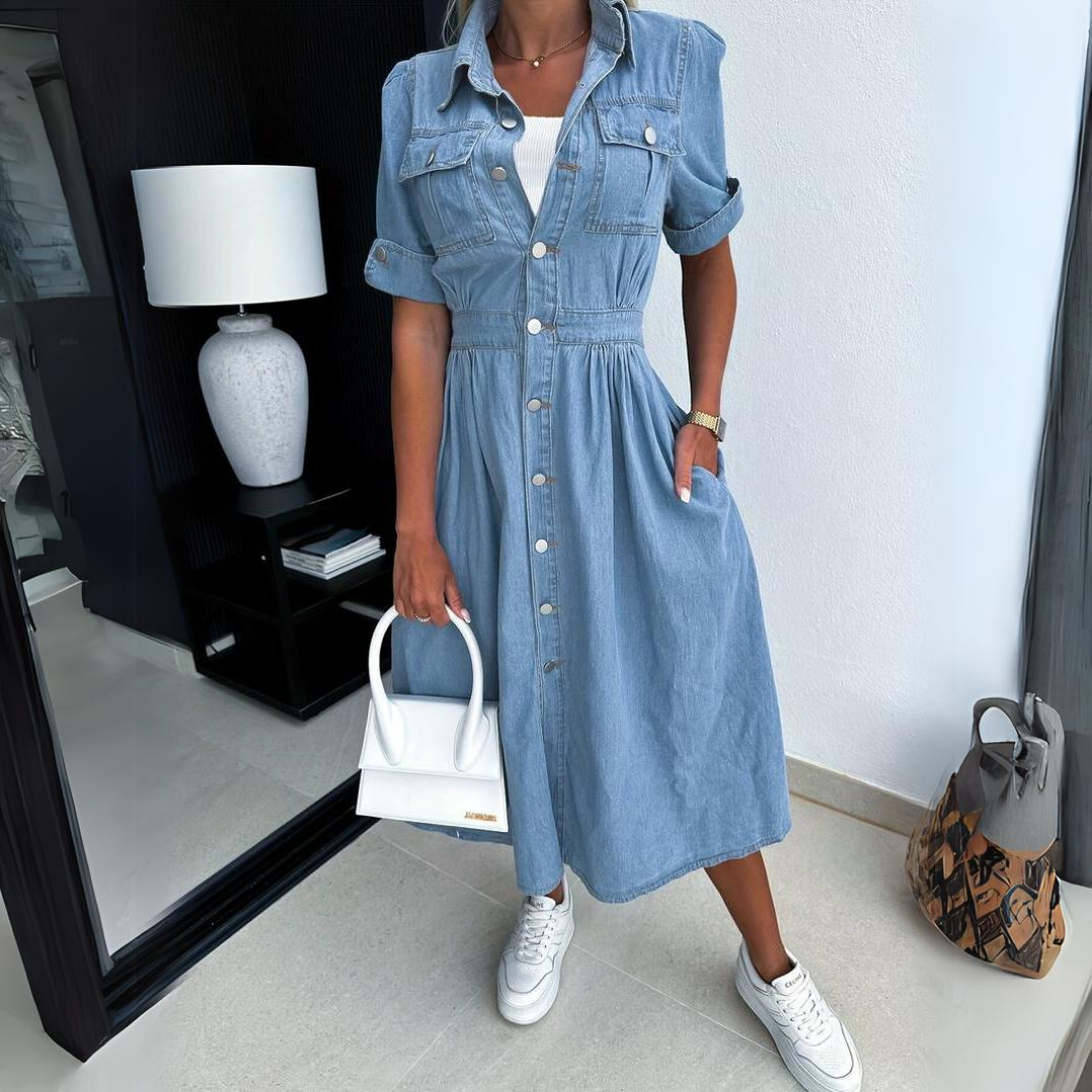 Eloise Jean Dress Women – Blue Cotton Shirt Dress Light with Fitted Cut