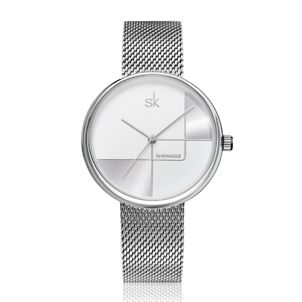 Women's Geometric Quartz Watch with Mesh Strap