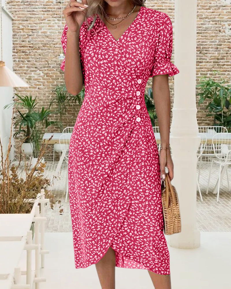Quincy Summer Dress Women – Floral Dress with Short Sleeves and Elegant Button Closure