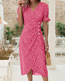 Quincy Summer Dress Women – Floral Dress with Short Sleeves and Elegant Button Closure