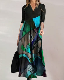 Robe Femme Nina – Elegant Flared Dress with Long Sleeves with Color Block Pattern & Refined Pleats