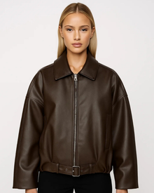 Nina Oversized Jacket for Women – Front Zipper, Built-in Belt & Modern Leather Style