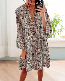 Avelyn Summer Dress Woman – Loose Dress with Leopard Print, Puff Sleeves & Elegant V Neck