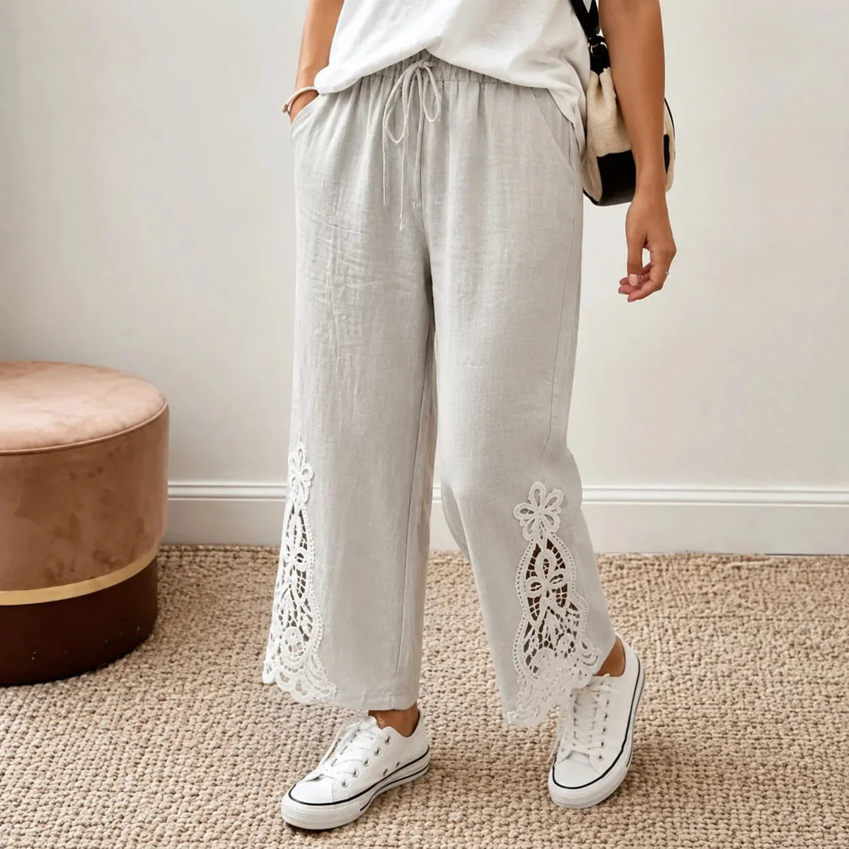 Solenne – Women's Wide Leg Drawstring Pants with Floral Cutwork Hem